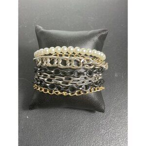 Chunky Multi-Layer Chain & Pearl Bracelet Toggle Clasp For Wrist Circus Of Style
